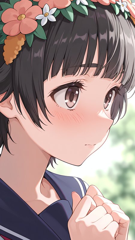 masterpiece, best quality, absurdres, highres, detailed eyes, detailed background, perfect eyes,uiharu kazari,1girl,solo,school uniform,standing,shy,face focus,from side,outside,close up, <lora:Uiharu Kazari:0.65> u1haru_kazar1,head wreath,hair ornament,uiharu kazari, hair flower,black hair, short hair