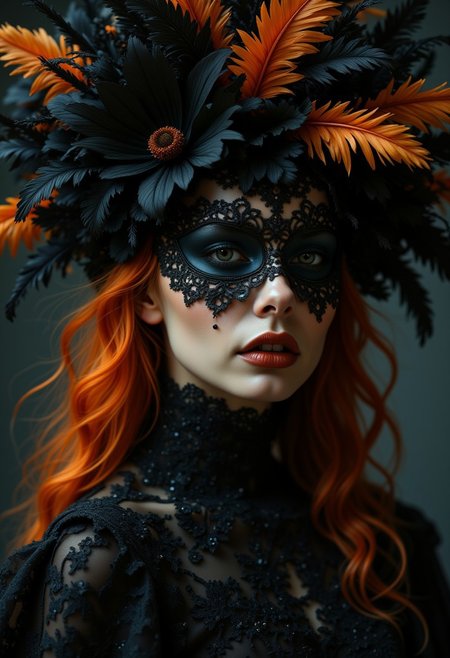 A striking fashion photograph of a woman with fiery orange hair wearing an elaborate headdress and mask crafted from black and burnt orange feathers, and intricate lacework. The image exudes a mood of mysterious elegance and dark fantasy. The rich, saturated colors of blacks and oranges contrast dramatically, with the lighting highlighting the texture of the feathers and lace. The shallow depth of field blurs the background, while the high resolution captures the fine details of this opulent and slightly gothic conceptual art piece.