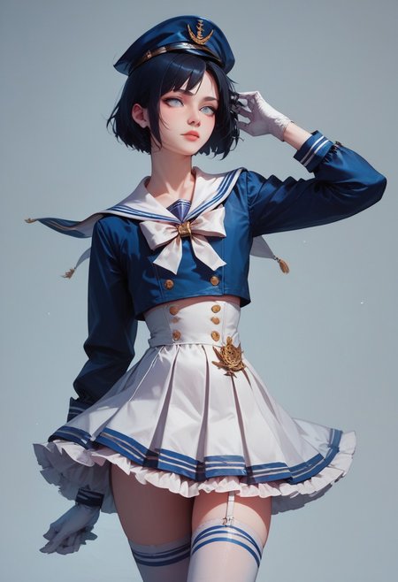 score_9, score_8_up, score_7_up, 1boy, femboy, otoko no ko, short hair, bob cut hair, black hair, grey eyes, gray eyes, feminine face, toned body, Shelly, Jed-Salr, Navy Blue Mini Dress, White Trim,  White Sailor Collar,  Nautical Stripes,  White Thigh-High Stockings, Sailor Hat,  White Gloves, Sailor Cuffs, White Petticoat, highly detailed, intricate, zzCitronCAT, pose, modelshoot, solo