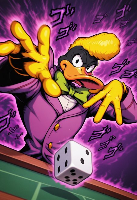 masterpiece, best quality, Graphic Design, color art, vibrant colors, colorful, intricate details, high contrast, detailed background, beautiful detailed, beautiful face, detailed eyes, detailed face, new, newest, z00td4ffy, 1boy, solo, male focus, furry, duck, black skin, beak, black eyes, yellow hair, pompadour, suit, formal, purple coat, yellow gloves, green bowtie, jojo pose, menacing, purple aura, upper body, casino table, from below, low angle, perspective, (throwing dice:1.4), dutch angle, four fingers, dice focus,