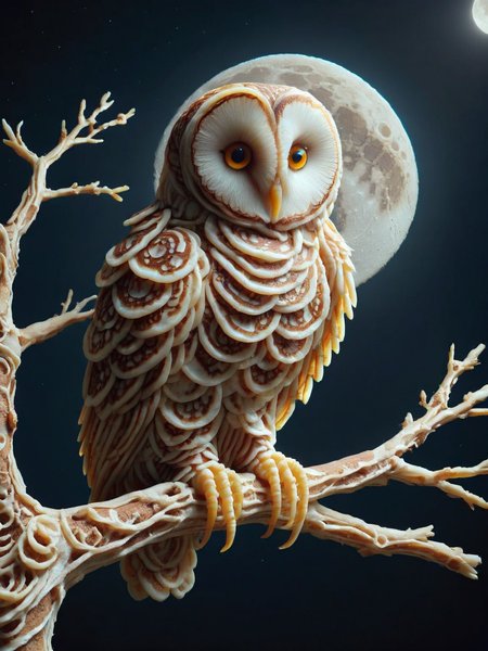A mysterious ais-pncks owl perched on a gnarled tree branch under a full moon <lora:ais-pncks-sdxl:1>