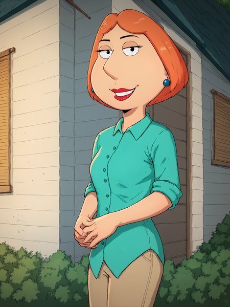<lora:Loispony1.2:1> lois,1girl, blue earrings, jewelry, short hair, solo, lipstick, makeup, orange hair, aqua shirt, beige pants,looking at viewer, smile, outdoors,  score_9, score_8_up, score_7_up, score_6_up, score_5_up, score_4_up