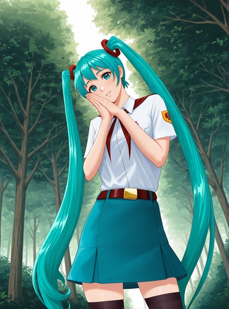 1girl, solo,, miku_es, aqua hair, aqua eyes, twintails, 1girl, solo, looking at viewer, forest backgound, hand to own cheek, palms together, white collared shirt, low angle, red neckerchief, from below, dutch angle, dynamic angle, cowboy shot, blue skirt, belt, thighhighs,  (masterpiece, best quality), safe, amazing quality, very aesthetic, absurdres, highres, newest, , <lora:Miku_ES_IL_v1:1>