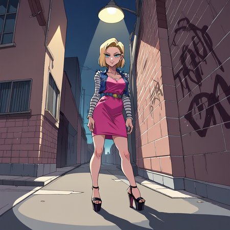 score_9, score_8_up, score_7_up, score_6_up, score_5_up, score_4_up, zPDXL2,source_anime,rating_questionable,1girl,solo, smile, cowboy shot, looking at viewer, high angle shot, pink bodycon dress, fishnet, platform heels, graffiti, cigarette Android 18    , urban, ghetto, alleyway, <lora:streetlight:0.8> str33tl1ght,below lamppost, spotlight, outdoors, night