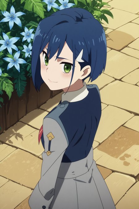  ichigo,1girl,solo,short hair,uniform,military_uniform,military,hair ornament,hairclip,looking at viewer,light smile,looking_back, from_behind,from_above BREAK outdoors,blue sky,cloudy_sky,blue flower,blue theme,tree with blue flowers  <lora:Ichigo_-_Darling_in_the_franxx.safetensors:0.8> <lora:detailed_backgrounds_v2.safetensors:0.5>