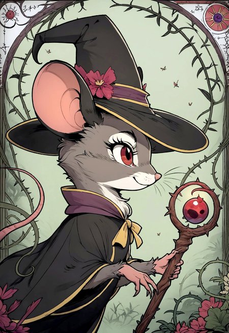 score_9, score_8_up, score_7_up, score_6_up, score_5_up, score_4_up, (solo), (fluffy:0.8), (feral), furry, (((mouse))), female, red eyes, grey fur, (black ears), claws, (fluffy cheeks:0.4), (short black dress, witch hat), cute, in the style of beatrix potter, flat color, (side view, upper body shot:1.5), (holding magic staff), (art nouveau:1.3), thorns, vines, nature, detailed background, complex background, swamp