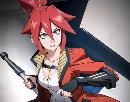 sfw_high_detail_character_art of a solo_angry_korsica_with_red_spiky_hair_style_and_blue_eyes_and_blue_hair_tie_and_(metallic_tonfa_in_hand:1.1)_is_looking_at_viewer_and_ready_to_fight, , hair between eyes, high_ponytail, battle_stance, irritation_spoken, (buttoned_crimson_angular_coat:1.1), extremely_detailed_anime_8k_wallpaper, masterpiece, best_quality, (ultra-detailed), best_illustration, finely_detail, (medium_full_shot:1.1), perfect_fingers, insane_details, hyper_details, impossible_cinematic_composition, (ultra_detailed:1.2), (anime_sci-fi_complex_on_the_background:1.1), furious_face_expression, quick_zoom, motion_blur, action_vibes, last_stand_atmosphere, boss_fight, <lora:korsicaLora_korsicaV1:0.8>