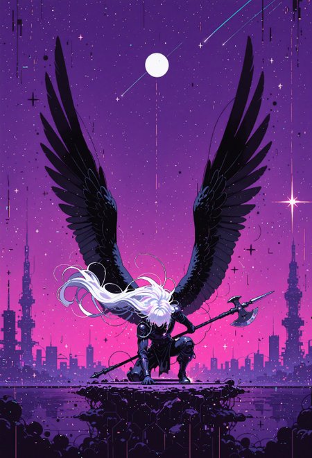 masterpiece, best quality, good quality, newest, highres, absurdres,focused subject,8k,HDR, 1other, solo, very long white hair, kneeling, superhero landing, one knee up, holding weapon, halberd, monochrome,black wings, moon, shooting star, stars \(sky\), indigo background, feathered wings, silhouette, spotlight, straight on,cityscape, tower in background, city lights, (glitch art, dithering,chromatic aberration,pixel art, film grain),dynamic angle,perspective, scenery,fine art,in the style of cknc,wat,flatline,
