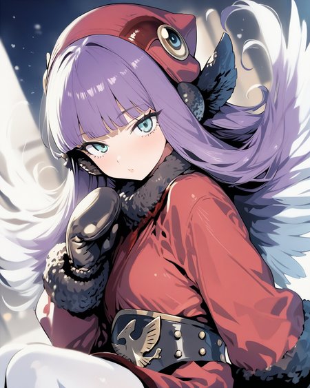 1girl,
MuuShuwuuShinMegamiTensei,
sensitive, solo, dutch angle, upper body,
long hair, hair wings, purple hair, multicolored hair, white hair,
hat, fur trim,
earmuffs,
blunt bangs,
looking at viewer,
long sleeves,
mittens,
black gloves,
coat,
white pantyhose,
black footwear,
depth of field,
<lora:kp_MuuShuwuuShinMegamiTenseiAnimagineXL_v1_0:1.0>
masterpiece, high score, great score, absurdres