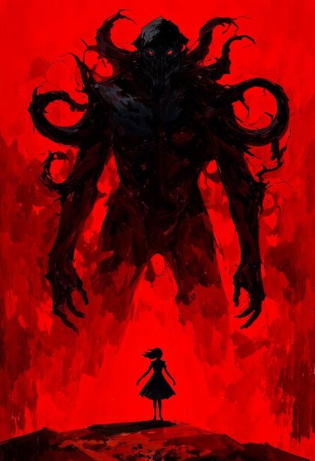 A dark, dramatic poster, likely for a film or movie. 
The central focus is a large, shadowy, Cthulhu, reaching downward against a vibrant, blood-red sky. Cthulhu is in sharp contrast with the intense color, appearing black and almost like a monstrous or demonic presence. 
Below Cthulhu, a silhouetted figure of a dancing woman stands out against the same crimson background, dancing toward Cthulhu. The figure is small in scale compared to the overwhelming, monstrous Cthulhu. The figure is simple, a solid shape, and in silhouette, conveying a feeling of vulnerability.
The background is entirely red, lending an ominous and foreboding atmosphere. The red, textured vaguely, suggests maybe a stormy sky or other similar strong backdrop. The overall impression is one of a supernatural confrontation, dread, or a powerful allegorical story.
<lora:FLUX-daubrez-DB4RZ-v2:1> DB4RZ, DB4RZ style painting