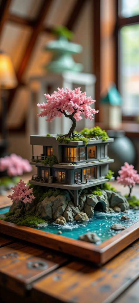 (indoors,indoor,isometric view,side view,tilt-shift lens:2), (fna_style,miniature,miniature,diorama,miniature,diorama,PVC,plastic:2),sunset (sakura:1.5) ,(forest:0.2),(colorful,Rust_Decay:2) (moss,ivy,(office building house with glass:2)), sea,cliff in (wooden square plate:2), on (table:2) at (attic:2.5)   <lora:Fantasy_Novel_Art_Style:1> <lora:Rostpunk:0.3> <lora:Rust_Decay_flux_lora:1> <lora:JJsOfficeBuilding_Flux_r1:0.45>