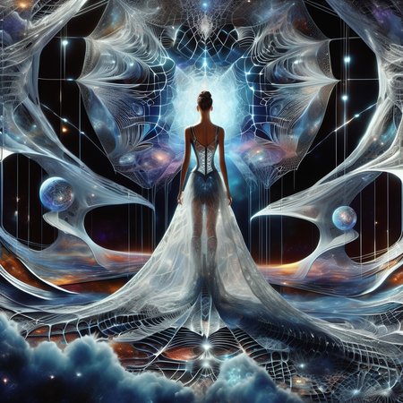 ((best quality)), ((masterpiece)), ((realistic,digital art)), (hyper detailed),DonMC0sm1cW3bXL,cosmic web,full body clothing,  Quantum-linked Fabric, Scales,  Spaghetti Straps, Knee Length, Empire Waist, Ball Gown Skirt,  Detachable Train, Corset Closure,,Back Darts,,Ripped or Distressed Look,Coin Pockets,,Light Wash,  , <lora:DonMC0sm1cW3bXL-000009:1>