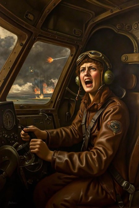 johncollier1 painting. 
A female pilot screaming inside the cockpit of a World War II bomber. The pilot, wearing a vintage leather flight helmet with goggles and a bomber jacket, grips the controls with white-knuckled hands. Her face is contorted in a mix of fear and determination as she yells, her eyes wide with adrenaline. The cockpit is cramped and filled with old-fashioned dials and gauges, with the outside view showing dark stormy clouds and distant anti-aircraft fire. <lora:johncollier1_cap_d8a4e12:1.0><lora:850626908273001580:0>