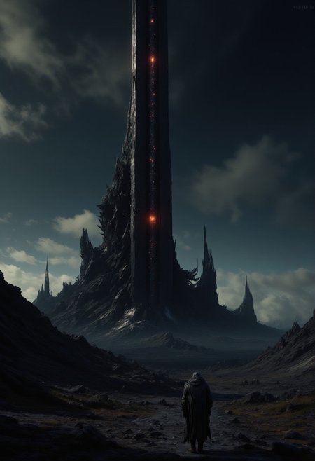 mythp0rt, masterpiece oil painting, landscape of a desolate volcanic plain, featuring a tall tower like a skyscraper, and a red gleaming eye reminiscent of the Eye of Sauron in the Lord of the Rings.  The landscape is blackened and scorched; figures in robes walk towards the eerie tower