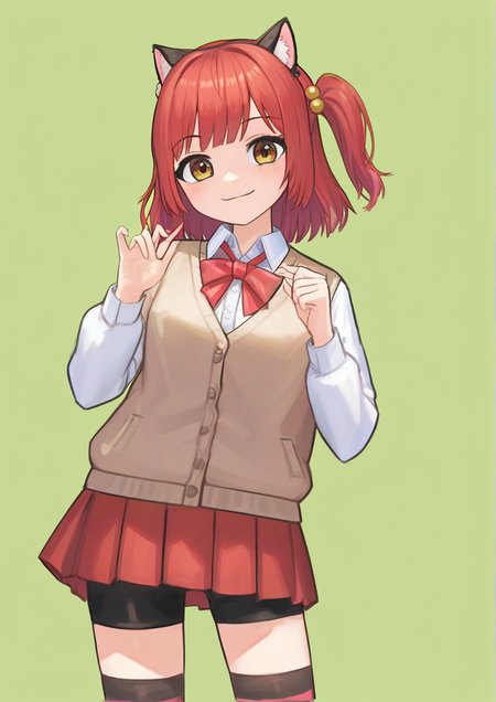 1girl, fighter (7th dragon), harukara (7th dragon), by kodoto, animal ear fluff, animal ears, bike shorts, black shorts, bow, brown cardigan, cardigan, cat ears, closed mouth, collared shirt, contemporary, cowboy shot, dress shirt, green background, hair bobbles, hair ornament, hand up, long sleeves, one side up, pleated skirt, red bow, red hair, red skirt, school uniform, shirt, short shorts, shorts, shorts under skirt, skirt, sleeves past wrists, smile, solo, striped, striped thighhighs, thighhighs, white shirt,  <lora:jochal:1>