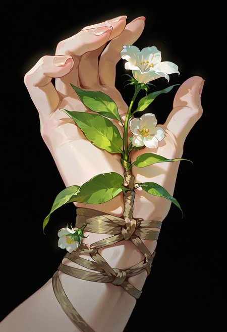 flower shibari, (flower), bound, bondage, rope, plant, leaf,  hands, arms, close-up, fingernails,black background,no humans,