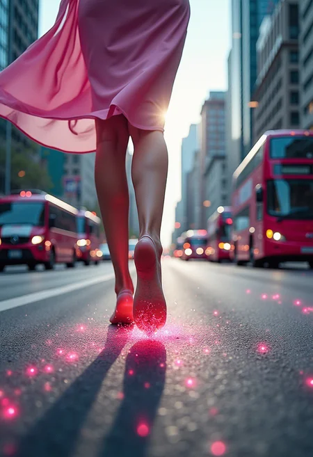 double exposure, cars and buses around a barefoot woman's feet hitting a city street, only shades of fuchsia and gray, metropolis, sunny, metropolis background, electronic dots, hyper-realistic, hyper-detailed, professional photoshoot, colorful, ultra-sharp, vivid color