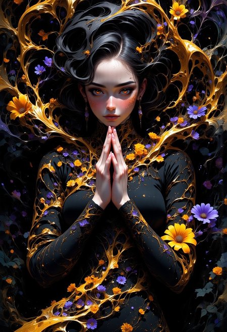 black-haired woman, lying among vibrant flowers, yellow marigolds and purple daisies, praying with both hands near her face, piercing red eyes, calm yet mysterious expression, floral vines curling around her, soft natural lighting, petals scattered on dark green foliage. Dynamic framing, off-center focus, subtle shadows and highlights, tranquil yet surreal atmosphere.