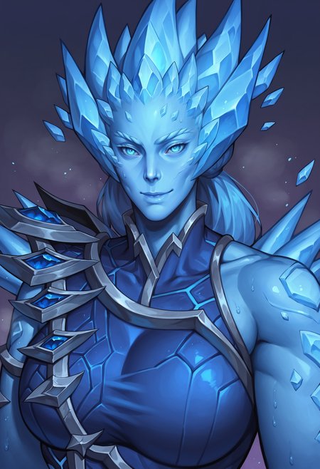 score_9, score_8_up, score_8, source_anime, 1girl, <lora:Vyranoth:0.9> , ice, blue skin, blue eyes, blue hair, big breasts, looking at viewer, smile, upper body, from front, cold air, portrait, 
simple background, violet background,