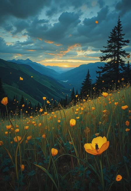 comic art by Mike Allred, 
style of Ted Nasmith, 
A Highlands meadow at dusk, where fireflies begin their nightly dance. The field is transformed into a magical landscape, twinkling with yellow lights, as the creatures flit about, drawing patterns in the twilight., 
in the style of the decaying empire of Würstreich, dark magic and grotesque creatures abound, inspired by Sean Aaberg's punk aesthetic, dark fantasy world combines grim landscapes with vibrant, exaggerated colorful art, heroes skirmish monstrous foes in a setting where rebellion, decay, and mysticism intertwine, crafting a unique, immersive vibe
Caravaggio meets D&D charm  
, masterpiece,
art by torikun, SentinelBot, OBxiaoxiang