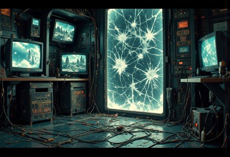 A dimly lit SCP containment chamber, its cold metal walls enclosing a cracked mirror in a black frame. The fractures pulse subtly, shifting in unnatural patterns, as if alive. Monitors, measurement devices, and system units flicker with glitching data, linked by tangled thick cables sprawled across the metallic floor. Some screens display distorted landscapes and cryptic symbols, others spike erratically, detecting something unknown.
The mirror’s surface is deep and infinite, reflecting glimpses of fractured realities—shadowy figures moving in voids, warped structures, impossible geometry. Occasionally, glitch-like distortions ripple through the air, momentarily warping reflections into incomprehensible visions. Some unknown presence lurks beyond the glass, watching but never fully seen.
A dim, unnatural glow pulses as monitors flicker with redacted SCP logs and indecipherable code. The deeper one stares into the mirror, the more realities twist and converge, forming a labyrinth of alternate existences. Faint, unintelligible whispers echo, repeating fragments of lost messages from beyond.
A VHS-horror, glitch-art, and SCP Foundation aesthetic, with grainy textures, chromatic aberrations, and digital artifacts, as if captured from classified SCP surveillance footage,(ne0nfant4sy, In the style of ff-td,80s vintage pulp sci-fi magazine cover,USCIFI)