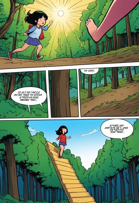 Funny comic , a girl stepping into the forest, black hair, trees,comic strip,  SimplepositiveXLv1,dramatic angle, epic composition,  . graphic illustration, comic art, graphic novel art, vibrant, highly detailed. amazed of all the animals in the forrest
