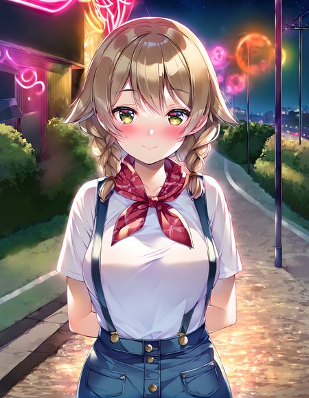 <lora:pony_xl_kana:0.8>,kana,1girl,solo,white shirt,shirt,short sleeves,suspenders,neckerchief,denim,skirt,hands up,night,outdoors,ground vehicle,road,neon lights,smile,blush,closed mouth,cowboy shot,arms_behind_back,facing viewer,