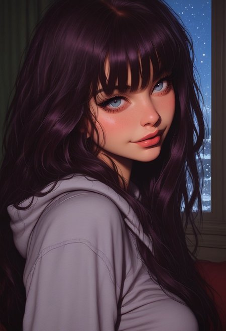 Score_9, Score_8_up, Score_7_up, (((High Resolution, Best Quality, Semi Realism))),
Cute girl, Dark colored onesie, Sexy natural breasts, Detailed iris with shine, Detailed eyes, Sexy hair cover her one eye, Smiling lovingly, Gentle sunlight on her face, Side view, Horny and erotic bedroom, detailed decorations in her bedroom, Christmas lights hung on the roof, Detailed fabric, Face focus, Breasts focus, Messy Dark colored hair, inside her bedroom, Fully decorated bedroom