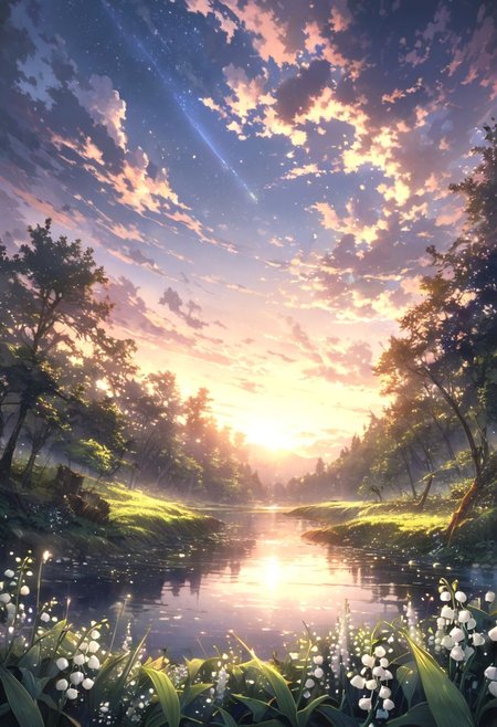 detailed background,( Calm spring night landscape), amongst lush greenery, beautiful view, Lily of the valley in full bloom, Lily of the valley, early morning, sunrise sky, beautiful clouds, dappled sunlight, beautiful detailed stars, shooting stars, Tranquil Lake, petals dancing in the wind, depth of field, masterpiece, best quality, ultra-detailed, very aesthetic, illustration, perfect composition, intricate details, absurdres, moody lighting, wisps of light, no humans,