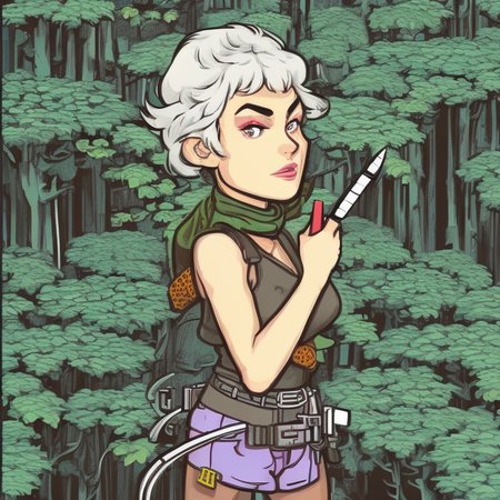 Maximalist  two blonde pirate asian girl with big lips, short hair, in the woods,birds eye view,illustrated by herg,style of tin tin comics,pen and ink, pixel art, pixel perfect
