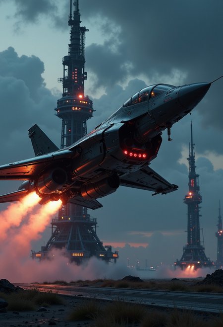 in the style of ck-mgs, A digital artwork in the style of cknc, a_skynet_cyberdyne_craft, the image is featuring a futuristic, highly advanced stealth fighter taking off from a military airbase at night, with thrusters firing. The fuselage is made of a gleaming dark gunmetal alloy and the cockpit shows glowing led lights, and has a large air intake.  The airbase has defensive towers with black and gunmetal grey alloy surfaces with high-end circuitry, red glowing diodes and lights