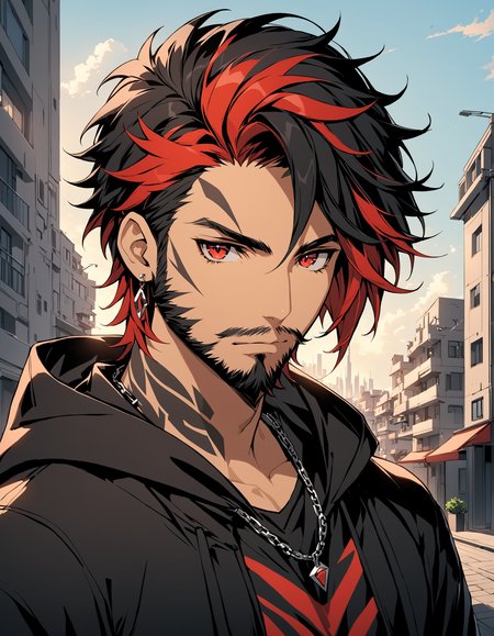 Mj Osea Style, solo, looking at viewer, short hair, black hair, red eyes, 1boy, jewelry, closed mouth, upper body, male focus, red hair, earrings, outdoors, hood, necklace, streaked hair, tattoo, facial hair, animal, scar, piercing, cat, hood down, building, portrait, beard, scar on face, serious, city, scar across eye, stubble, black cat, facial tattoo, hyur,  masterpiece, best quality , <lora:MJ-OSEAXL:0.8>