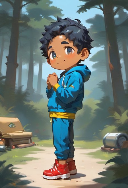 score_9, score_8_up, score_8, ((high_quality)), ((Super_Detailed)),  1boy,(max (camp camp),:1.2) solo, hood, blue hoodie,, yellow shirt, blue pants, red shoes, (curly black hair,:1.2) dark skin ,cute, chibi, small body, cartoony, cartoon style, (by ardidon:1.2),max ((Super_Detailed)),camp background, cartoony, cartoon style, (by ardidon:1.2),max, dynamic angle, side view, view from the side, full body, excited face, fear face, blushing, digital art