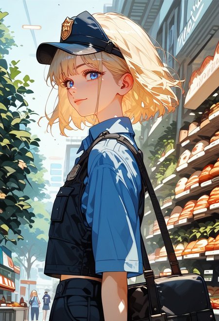 score_9, score_8_up, score_7_up, score_6_up, score_5_up, score_4_up, source_anime, 1girl, solo, 18yo, (slim face:1.5), (bangs:1.2), skinny, thin body, wide hips, thin thighs,
cowboy shot,
from side,
from front,
<lora:age_slider_v4:2> <lora:Expressive_H:1><lora:Kenva:1><lora:naipf:0.7> 
1girl, solo, looking at viewer, small breasts, very short hair, blonde hair, blue eyes, light smile, police cap, shoulder bag, police shirt, vest, outdoors, down town, tree, shop, cafe, shopping mall,