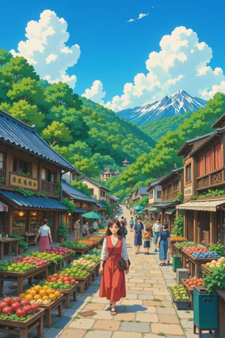 market beautiful  anime landscape, morning, woman, very intricate, very detailed, sharp, bright, colorful, <lora:Hand v2:0.5> <lora:Anti-Blur:1><lora:Insane Detail Slider:0.25>  <lora:flux.1_lora_flyway_Epic-detail_v2:0.3> <lora:fluxenhancer:0.25> <lora:ROWER:0.6> <lora:Ghibli:0.8> Ghibli style