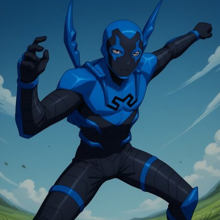 score_9, score_8_up, score_7_up, highly detailed, cute boy, 1boy, solo, Blue beetle, blue and black costume, mask, attack stance,