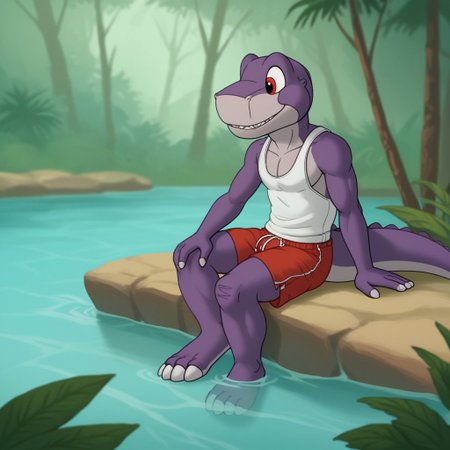 score_9, score_8_up, score_7_up, score_6_up, score_5_up, score_4_up, source_furry, Chomperlbttv, anthro, male, Tyrannosaurus rex, dinosaur, scalie, purple skin, red eyes,  swimming trunks, in a stream, lush valley, young anthro, tank top, sitting, on the edge, feet in water
