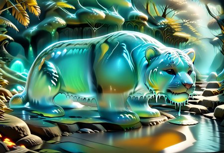 animal_guardian, tiger, a white tiger with black stripes, Tiger made out of slime, slime tiger in a jungle, jungle made out of slime, 
natural light, no bright spots, 
((translucent slime)), ((transparent slime)), made of water, (bioluminescent slime), sl1m3, slime, slime-morph, ais-blmn, saturated colors, no creatures, no humans, no monsters, no pokemon, scenery only, scenery, ral-lava, watce