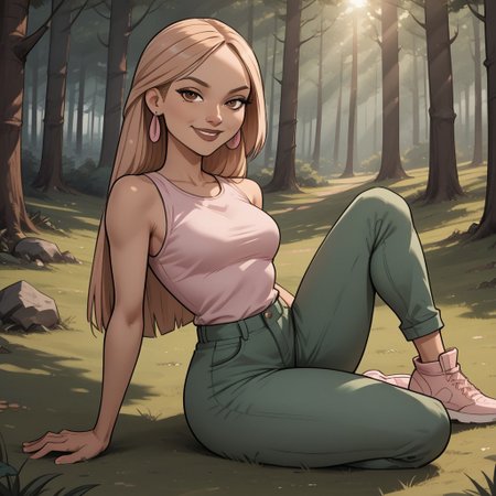 score_9, score_8, BREAK, solo, dark blonde hair, brown eyes, brown lips, lipstick, light pink sleeveless shirt, green pants, light pink footwear, earrings, dark skin, total drama, Nichelle_(Total_Drama), breasts, sexy pose, smile, outdoors, sunlight, shadows, evening lighting, natural lighting, forest, trees, grass, orange sky, sunset