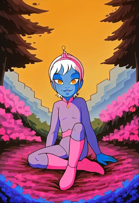 themis, pink boots, white hair, pink hairband, pink hair, yellow eyes, jumpsuit, flat chest, blue skin, solo, front view, sit, legs visible, happy face, on grass, outdoors, graden, looking at viewer, best, res, better, resolution, low view, side view, lots of flowers, relaxed hands on ground, to viewer, trees, falling multiple leaf, yellow sky, best res, dynamic illumination