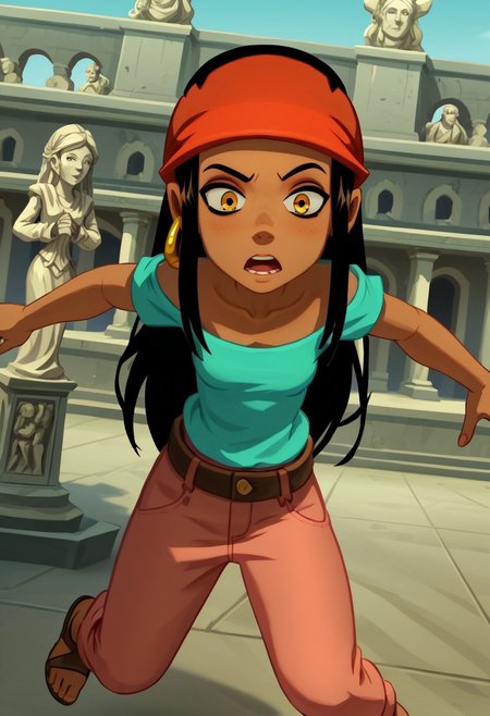 masterpiece, very detailled character, ((masterpiece)), (best quality:1.5), (highres:1.4), (ultra-detailed body), (intricate details), (dynamic angle), (highest quality:1.12)
score_99 score_89_up score_79_up uncensored, show accurate, perfect anatomy,
dark tanned skin, amber eyes. long black hair, 
 wear white lace shirt, pink large pants, red bandana, golden earring, 
jumping in
outdoor, statues in background