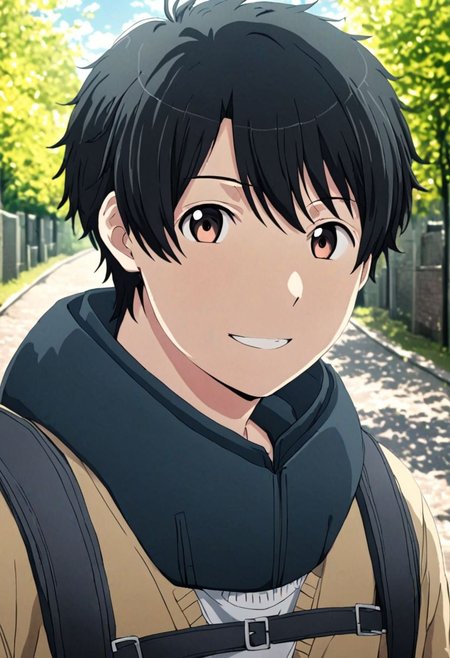 high resolution, solo, best quality, 1Boy, Inaho Kaizuka, Black Hair, Looking at viewer, happiness, depth of field, half body, outdoor, OverallDetail