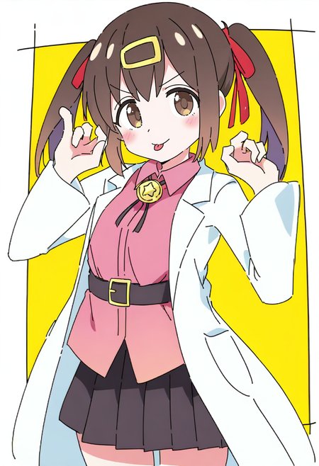 1girl, solo, twintails, tongue out, tongue, skirt, brown eyes, shirt, brown hair, hairclip, hair ornament, ribbon, pink shirt, black skirt, labcoat, looking at viewer, belt, long sleeves, hands up, pleated skirt, blush, :p, bangs, collared shirt, red ribbon, hair ribbon, yellow background, long hair, breasts, open clothes, closed mouth, simple background, v-shaped eyebrows <lora:ixyXL_NBVP1_lokr_V6311PZ:0.95>