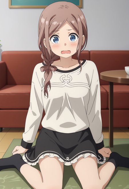 anime screencap,
<lora:OneRoom_OrisakiSayaXL:0.9>,
1girl, solo, wavy mouth, open mouth, blush, surprised,
long hair, light brown hair, parted bangs, hair over shoulder, single braid, blue eyes,
SayaCasual, collarbone, print shirt, white shirt, long sleeves, frilled skirt, black skirt,
black socks,
cowboy shot, sitting, kneeling, looking at viewer,
carpet, table, couch, indoors, blurry background
