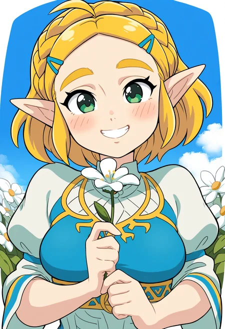 masterpiece,best quality,amazing quality,
1girl, princess zelda, flower, solo, pointy ears, smile, short hair, hair ornament, hairclip, blonde hair, upper body, green eyes, holding flower, breasts, holding, looking at viewer, bangs, parted bangs, puffy sleeves, sky, short sleeves, shirt, white shirt, white flower, medium breasts, dress, outdoors, thick eyebrows, blue sky, ahoge, puffy short sleeves, grin, blush, day,
 <lora:Ketsumoa:1>