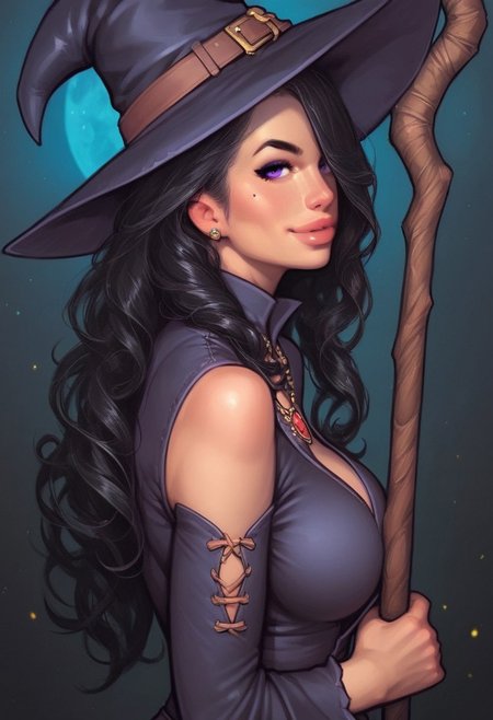 1girl, illustration, looking at viewer, highly detailed, source_comic_illustrationskinny, looking at viewer, 1girl, masterpiece, best quality, ((((side view)))), source_photo, source_real, 1girl, solo, long hair, breasts, looking at viewer, witch skirt, witch hat, black hair, thighhighs, jewelry, purple eyes,  belt, necklace, mole, lips,  wavy hair, side slit, long skirt, realistic, long legs, curvy hips
BREAK
slight smile, looking at viewer, ((a staff with a luminous top:1.3))
long hair, red hair, hair over one eye, big hair, BREAK
best quality, depth of field, bokeh, (((full clothed)))
BREAK 
((night, outdoors, sky, full moon background)) score_9, score_8_up, score_7_up, score_6_up, source_cartoon, rating_explicit, Expressiveh, ((((upper body))))), dynamic pose, dynamic pose