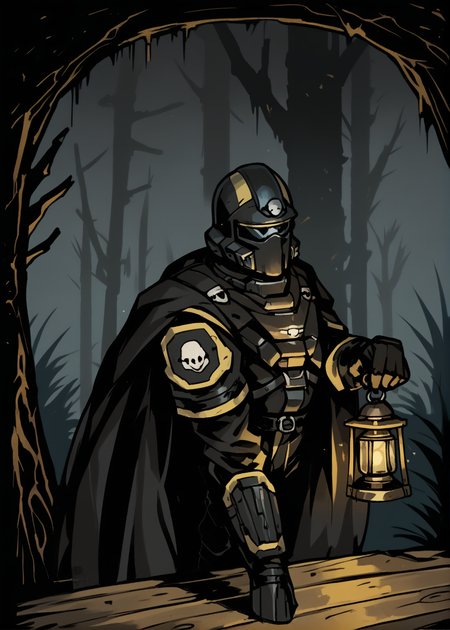 upper body, walking, dark forest background, dark sky, <lora:DarkestDungeon-Style:0.65>
BREAK  <lora:HelldiversXL:1> helldiver, helmet, solo, armor, cape,holding a lit lantern with one hand,, BREAK score_9, score_8_up, score_7_up, score_6_up, score_5_up,