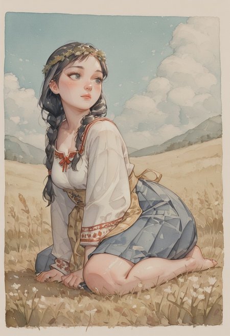 ( watercolor):2, (pastel colors), high detail, (lineless:1.2), (realistic), detailed, depth of field, dynamic lighting, masterpiece, detailed_eyes, high_quality, best_quality, highres, (muted colors), pencil lines, 
(in a field of golden rye ), blue sky, no clouds, brightly lit by the sun,
black hair, thick braid on the belt, curvy,plump, adult, stately, gray eyes, blush, eyes lined with black, high forehead, even parting, (no bangs),
white shirt with red embroidery, with wide sleeves, apron with embroidery, long blue pleated skirt, barefoot, bodice, folk clothing, full body. square neckline on the shirt, wreath of small flowers,
sits on his butt, on the ground,sits in the field, with his legs stretched out, looking to the side