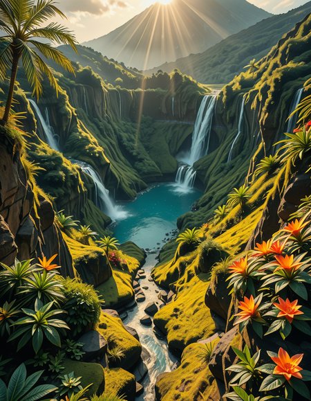 A breathtaking view of an ancient, dormant volcano now transformed into a lush, vibrant natural sanctuary. The crater is filled with dense tropical forests, colorful exotic flowers, cascading waterfalls, and mist swirling gently in the morning light. Vines and moss cover the dark volcanic rocks, and small streams wind down the slopes. while rays of sunlight pierce through the dense canopy, creating sparkling reflections on the water. The atmosphere feels peaceful, enchanted, and untouched by humans. The scene is depicted in an ultra-detailed, hyper-realistic style, with warm, soft lighting and rich, saturated colors that enhance the magical and serene mood of the landscape.
<lora:SDXLFaeTastic2400:0.4> <lora:extremely_detailed:0.4> extremely detailed,dormant v0lc4n0, <lora:dormant_v0lc4n0-i:1>, Masterpiece,best quality,hi res,8k,hi res,8k,award winning,(sharp focus, intricate, highly detailed),