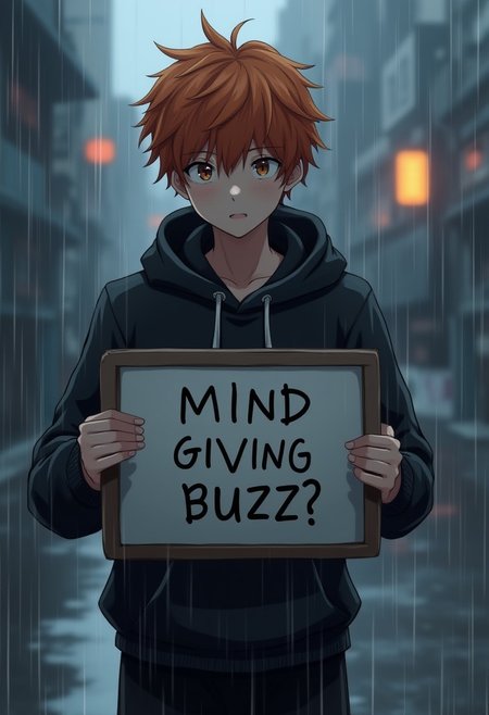 A ginger male, hoodie, black pants, holding a board with text "mind giving buzz?", solo, raining, standing outside, near a road, anime